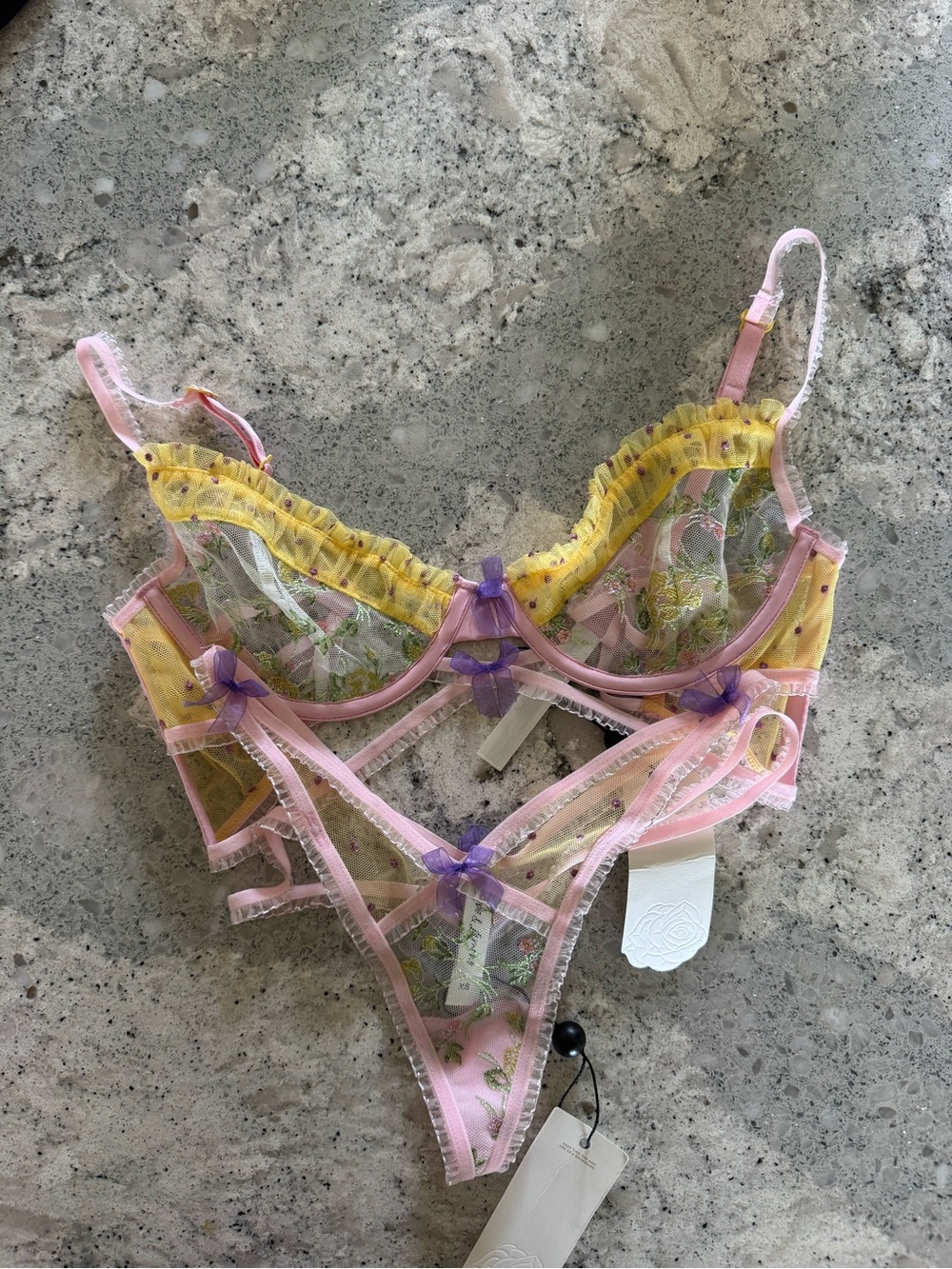 NWT For Love and LemonDelicate Floral Sheer Lace Bra & Thong Set - Pink / Yellow